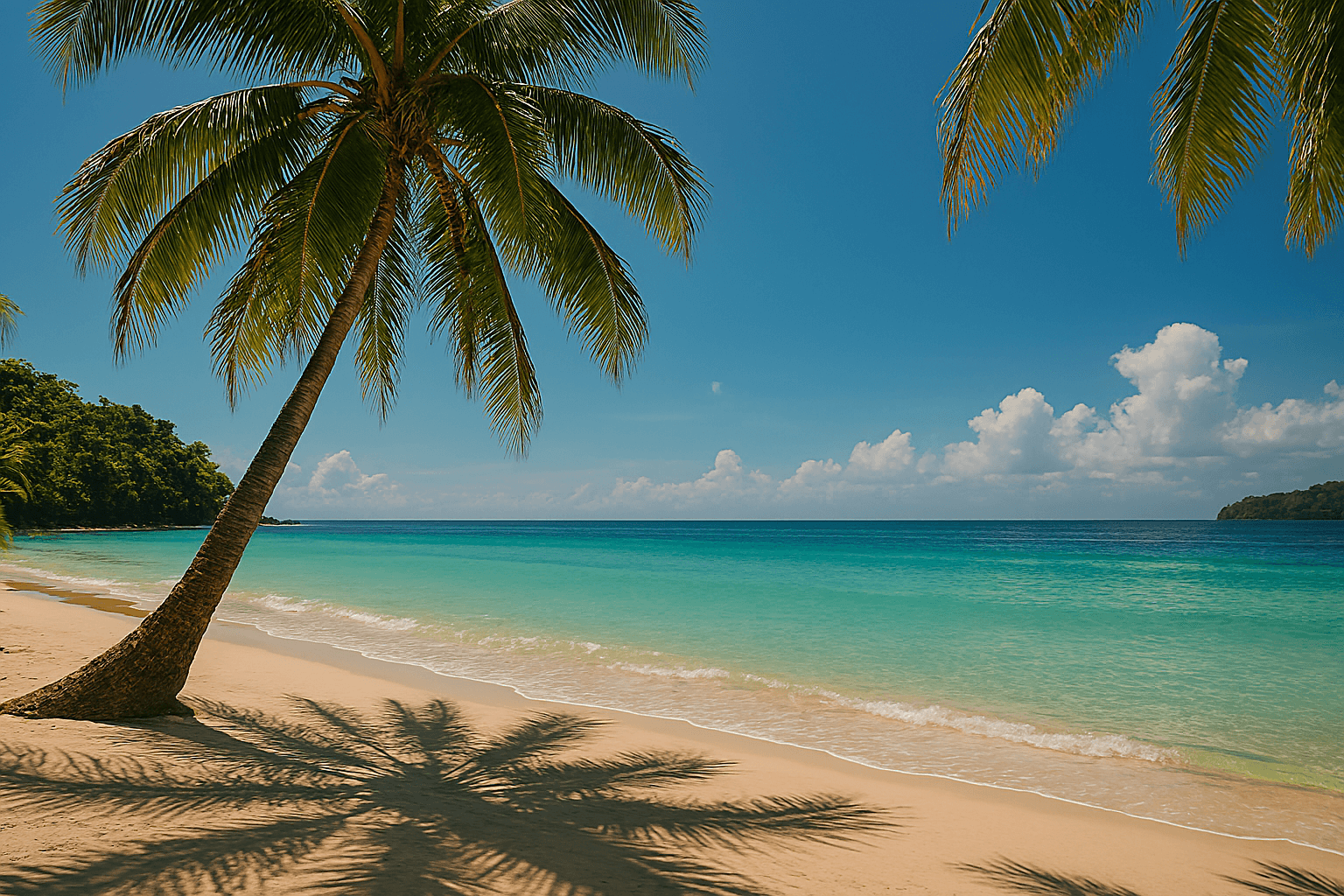 푸른 야자수들이 드리운 그늘 아래 비치베드에서 휴식을 취하며 한가로운 시간을 보내는 필리핀 바닷가 풍경. 완벽한 휴식을 선사한다.