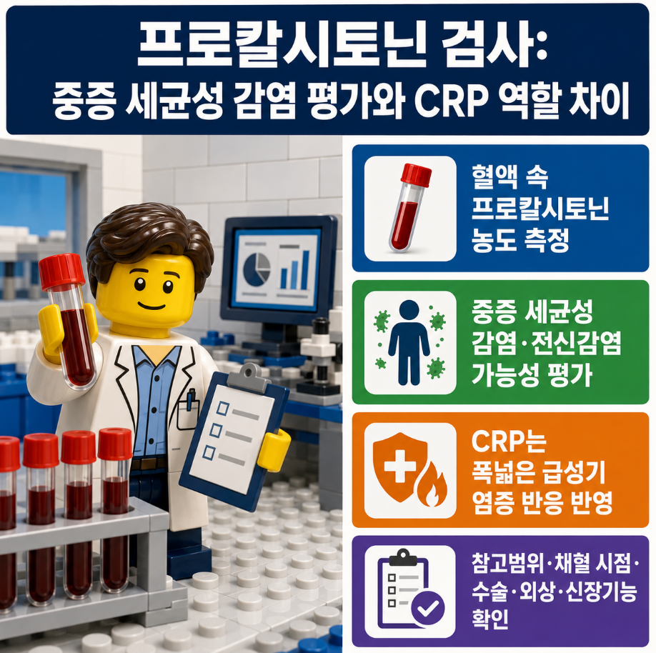 프로칼시토닌(PCT) 검사로 혈액 속 프로칼시토닌 농도를 측정하고 중증 세균성 감염 평가와 CRP 역할 차이를 설명하는 레고 스타일 메디컬 인포그래픽