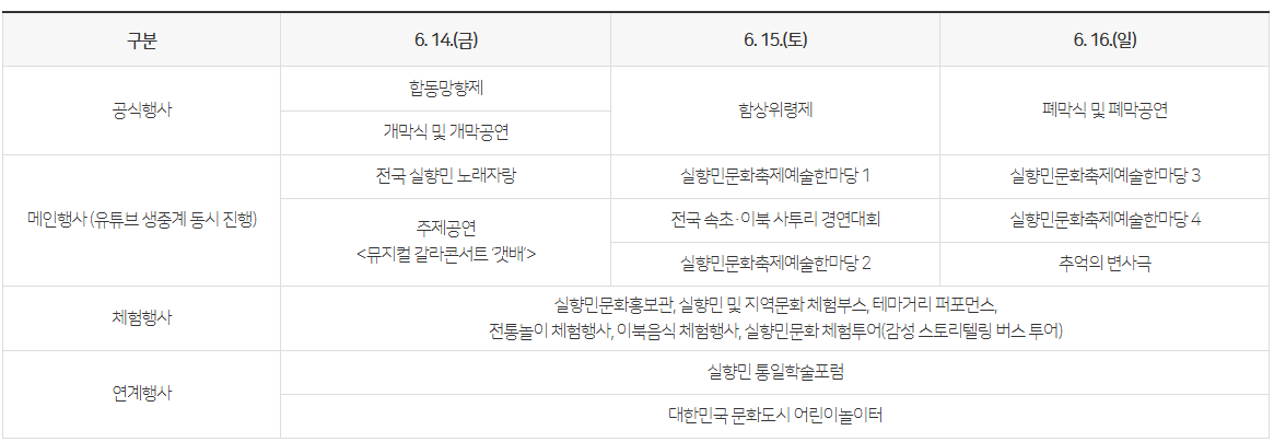 주요 행사 및 프로그램 일정