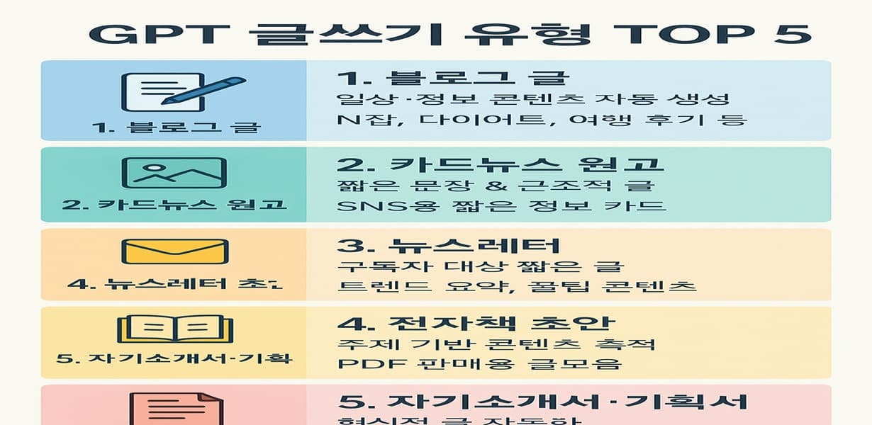 “GPT 글쓰기 유형 TOP 5 – 블로그 글, 카드뉴스 원고, 뉴스레터, 전자책 초안, 자기소개서 기획서를 정리한 다채로운 색상의 인포그래픽”