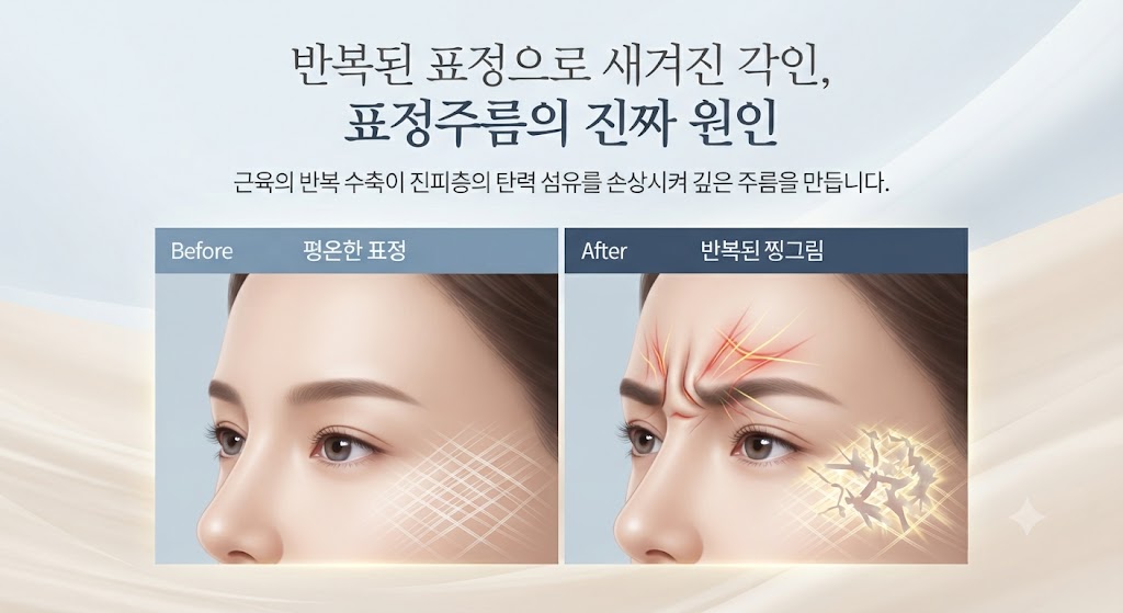 "반복된 표정 습관이 표정 주름의 원인이 됨을 보여주는 비교 이미지. 왼쪽은 평온한 표정의 매끄러운 피부, 오른쪽은 반복된 찡그림으로 인해 피부 진피층의 탄력 섬유가 손상되어 깊은 주름이 각인되는 과정을 시각적으로 표현함."