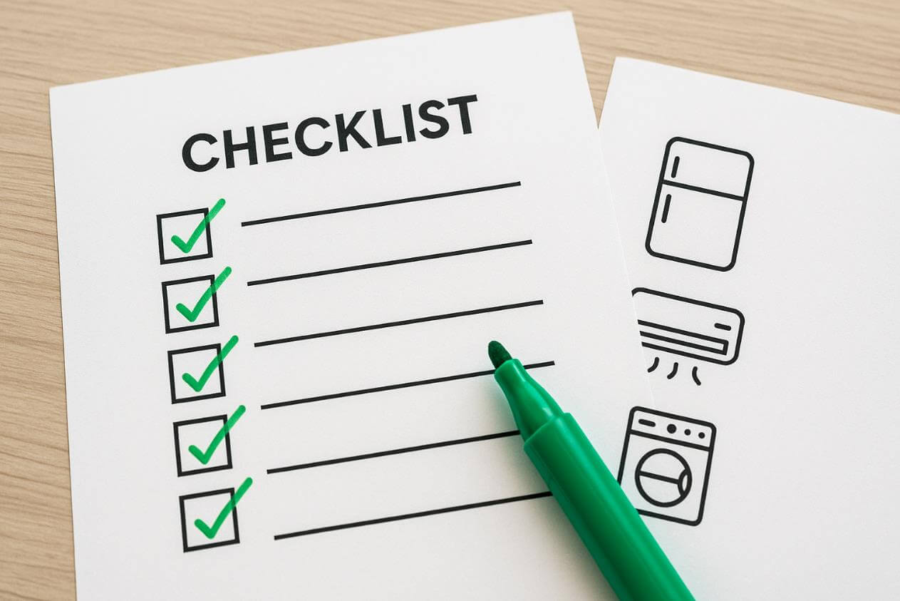 체크리스트와 가전제품 아이콘, 녹색 펜이 놓인 장면