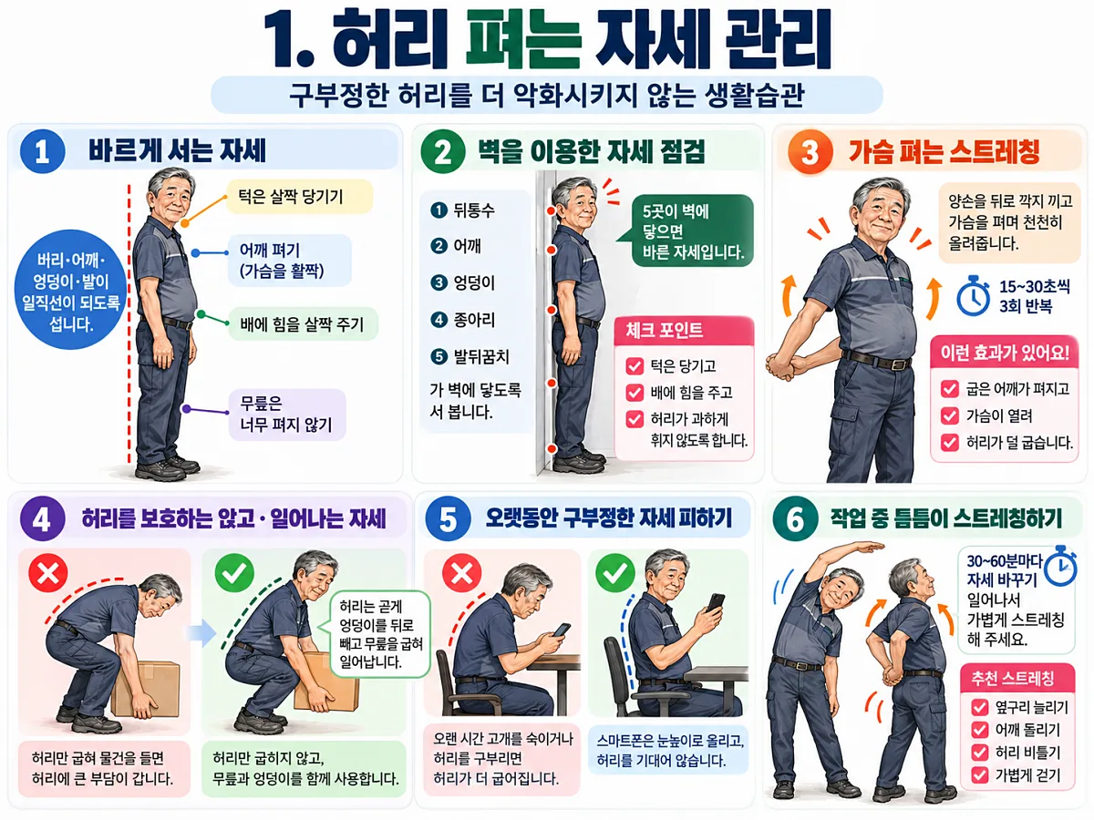 70대 남성의 서기와 벽 자세 점검, 가슴 스트레칭과 작업 자세를 비교한 그림