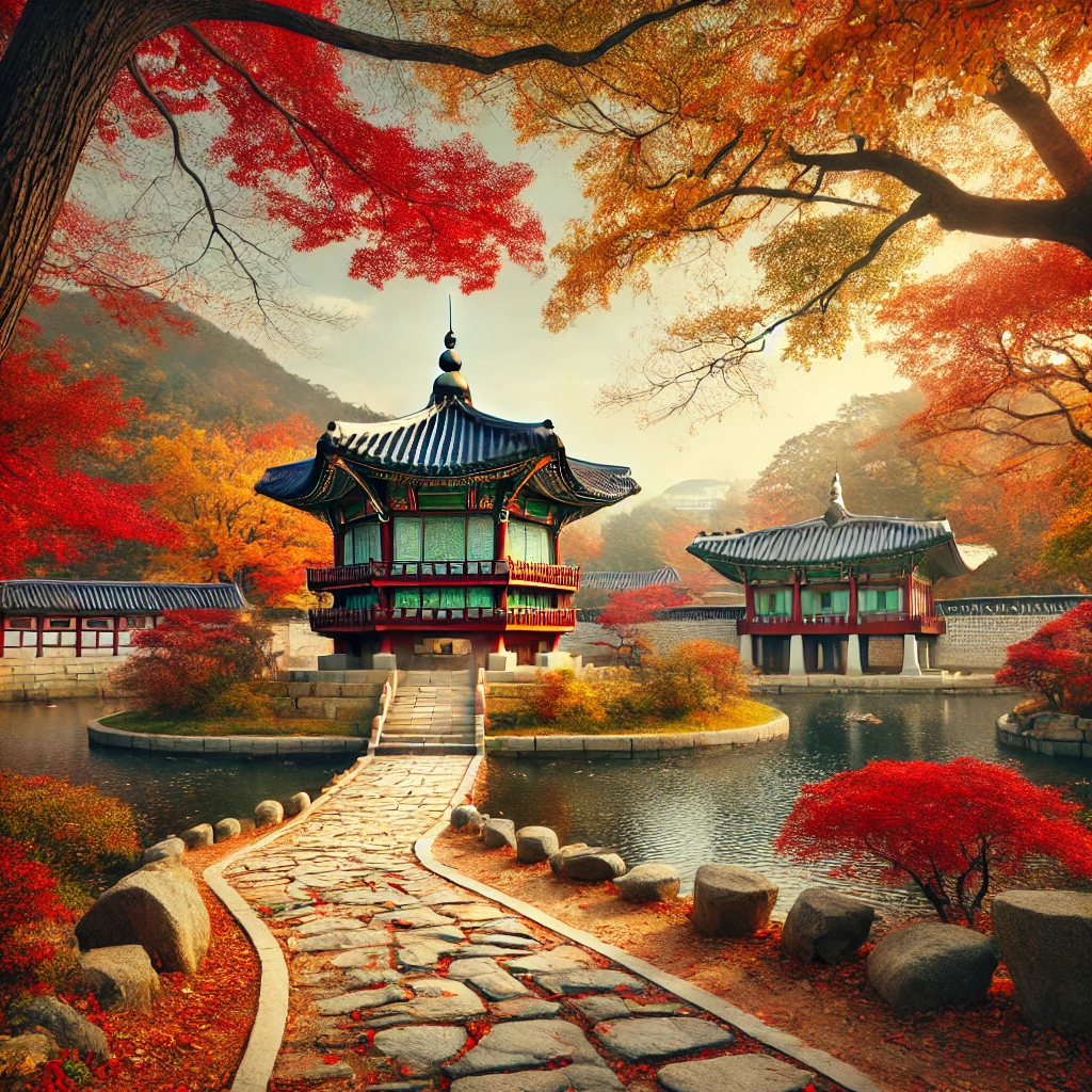 가을 단풍이 비치는 창덕궁의 고요한 연못과 전통 한국 정자