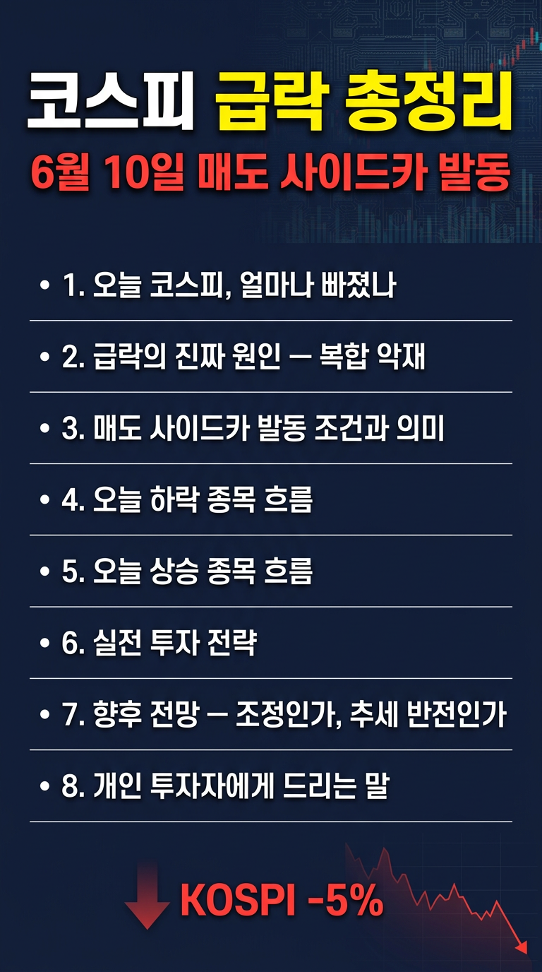 오늘 코스피 급락 이유, 매도 사이드카 발동, 조건, 하락 종목, 상승 종목, 투자 전략 및 향후 전망