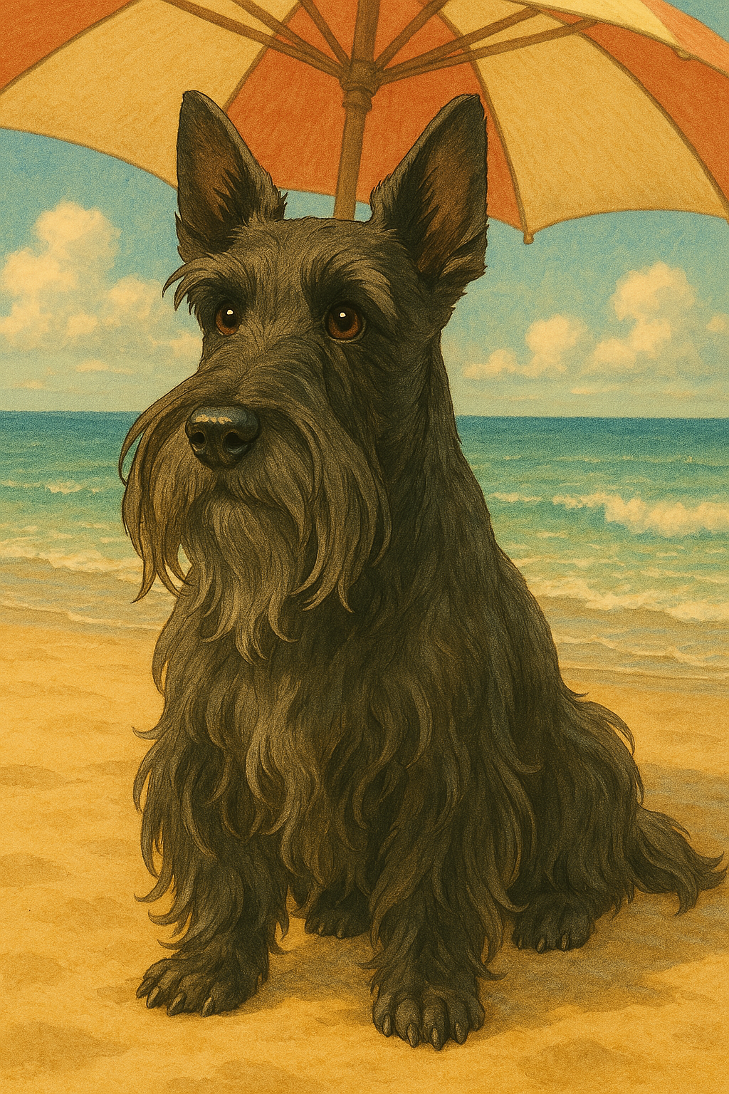 해변가 파라솔 아래 앉아 있는 스코티쉬 테리어 지브리스타일 그림