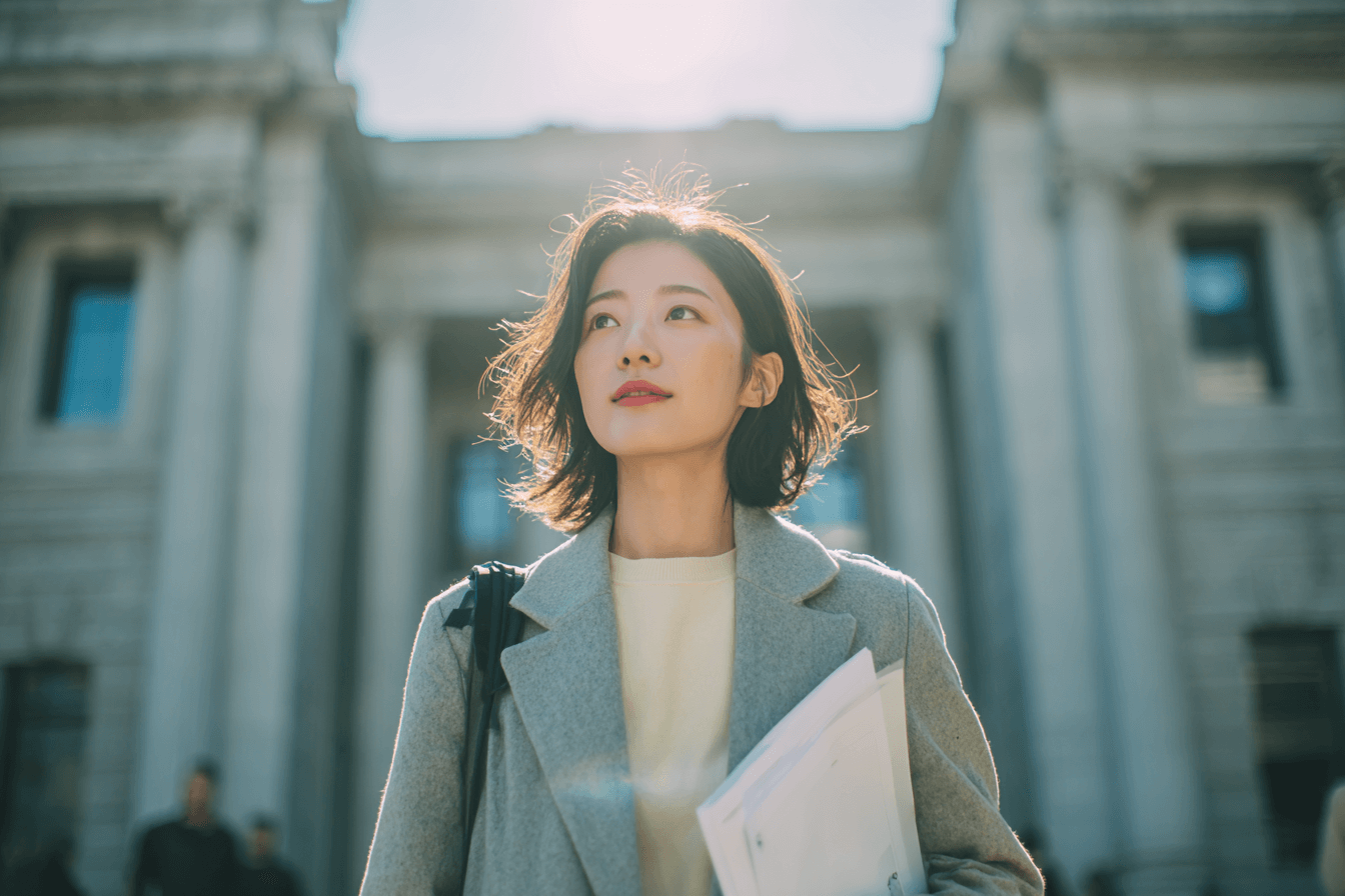 법원-앞에서-서류를-들고-있는-여성