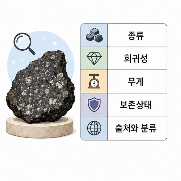 운석 가격을 결정하는 종류와 희귀성, 무게, 보존상태, 출처와 공식 분류 여부를 보여주는 그림