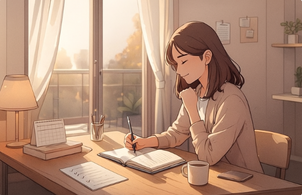 책상 앞에서 목표를 정리하며 스스로를 격려하는 모습