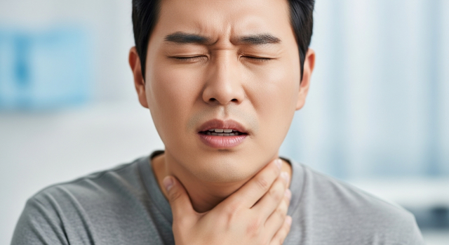 음식을 삼킬 때 목에 통증을 느끼는 한국 남성