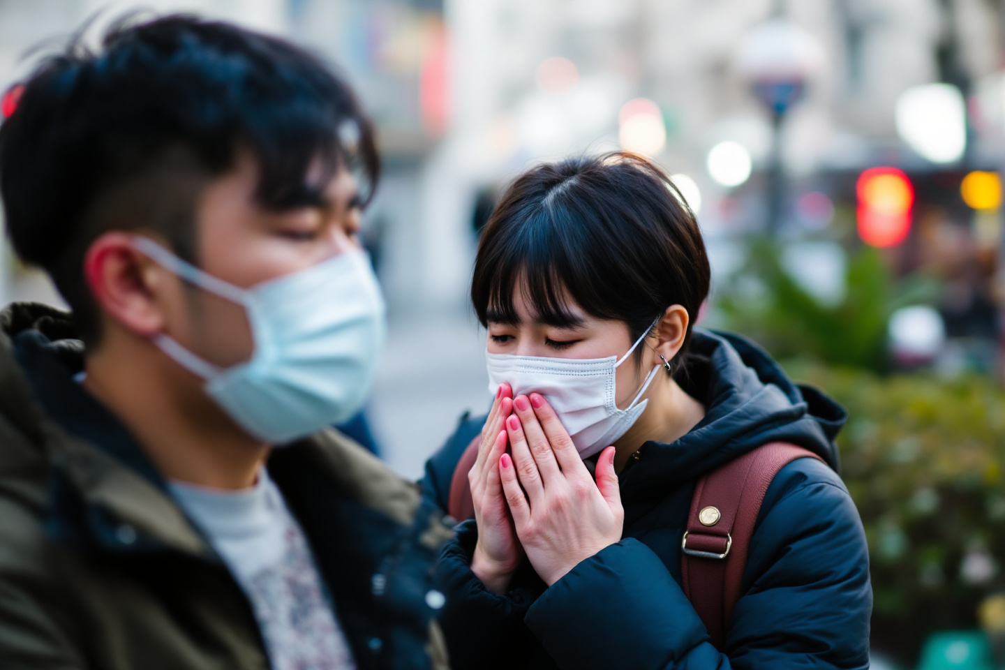 감기걸려 마스크를 쓴 두 남자가 기침하는 모습