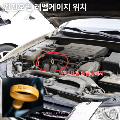 차량-엔진룸-중앙-노란색-고리가-엔진오일-레벨게이지이다