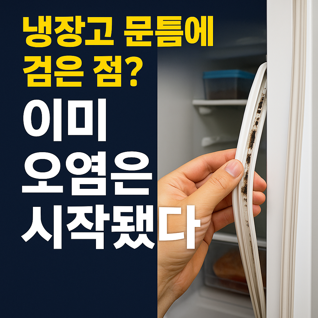 “냉장고 문틈의 곰팡이와 내부 오염 위험을 경고하는 생활 위생 뉴스형 썸네일 이미지”