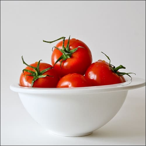 빨간 토마토가 하얀 그릇에 담긴 모습