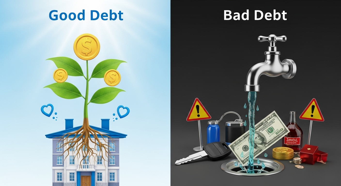 좋은 부채(자산 성장)와 나쁜 부채(소비성 지출)를 시각적으로 대비한 이미지.