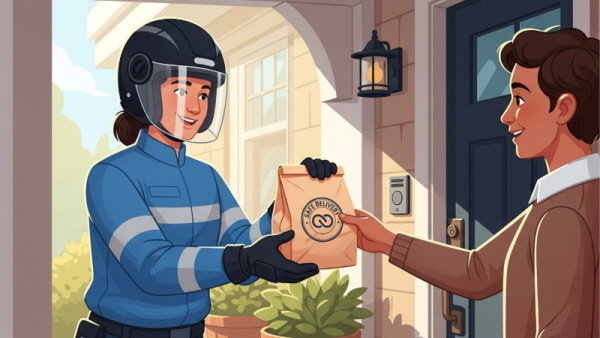 배달 기사님이 현관 앞에서 처방약이 담긴 봉투를 고객에게 안전하게 전달하는 모습