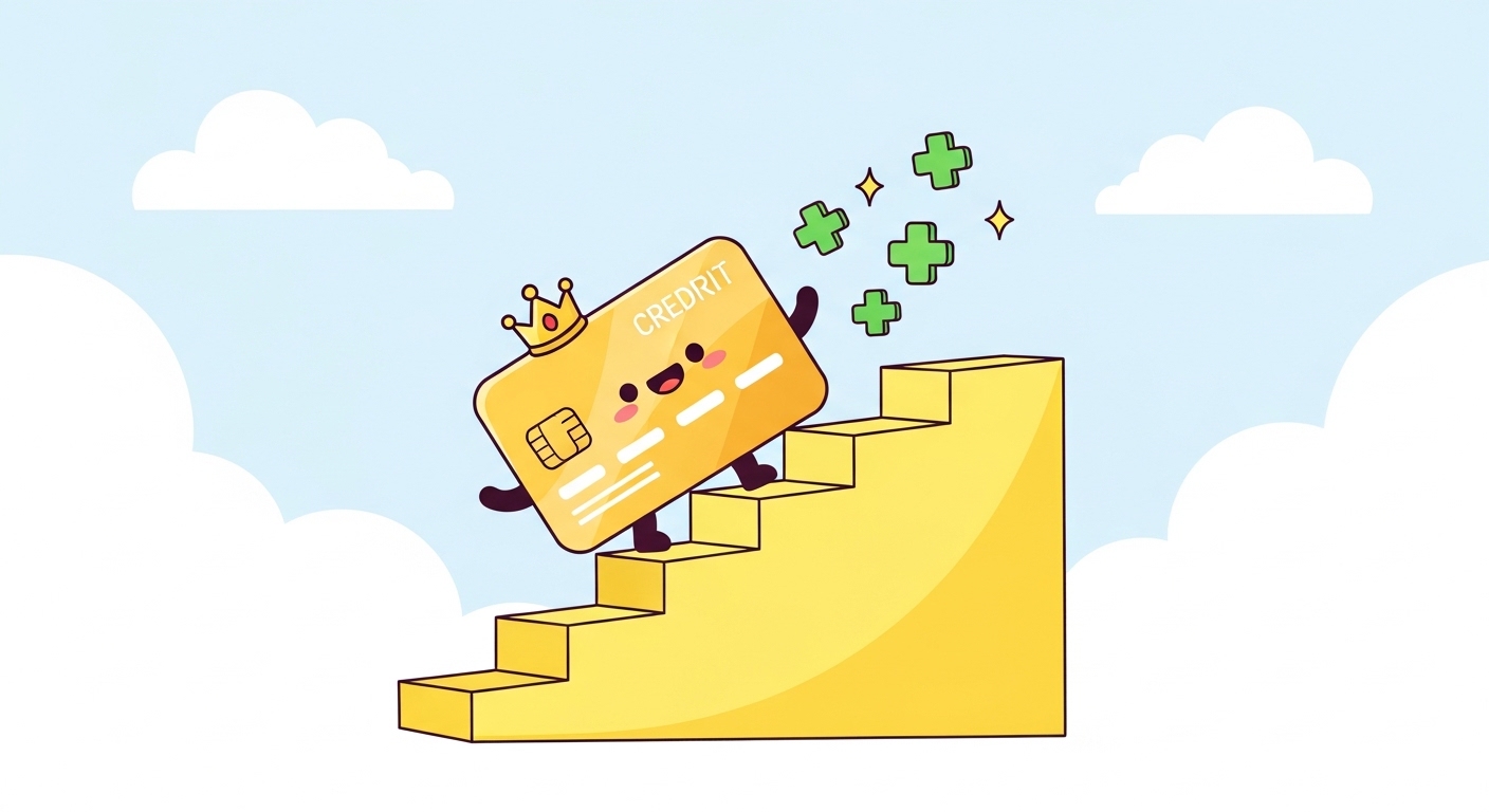 NICE와 KCB 신용점수를 객관적으로 올리는 방법을 시각화한 파스텔톤 계단 상승 일러스트