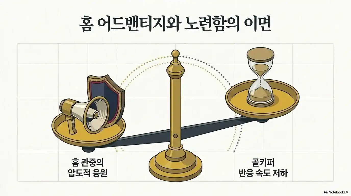 홈 관중의 압도적 응원을 상징하는 메가폰과 골키퍼 반응 속도 저하를 상징하는 모래시계를 올린 저울 일러스트