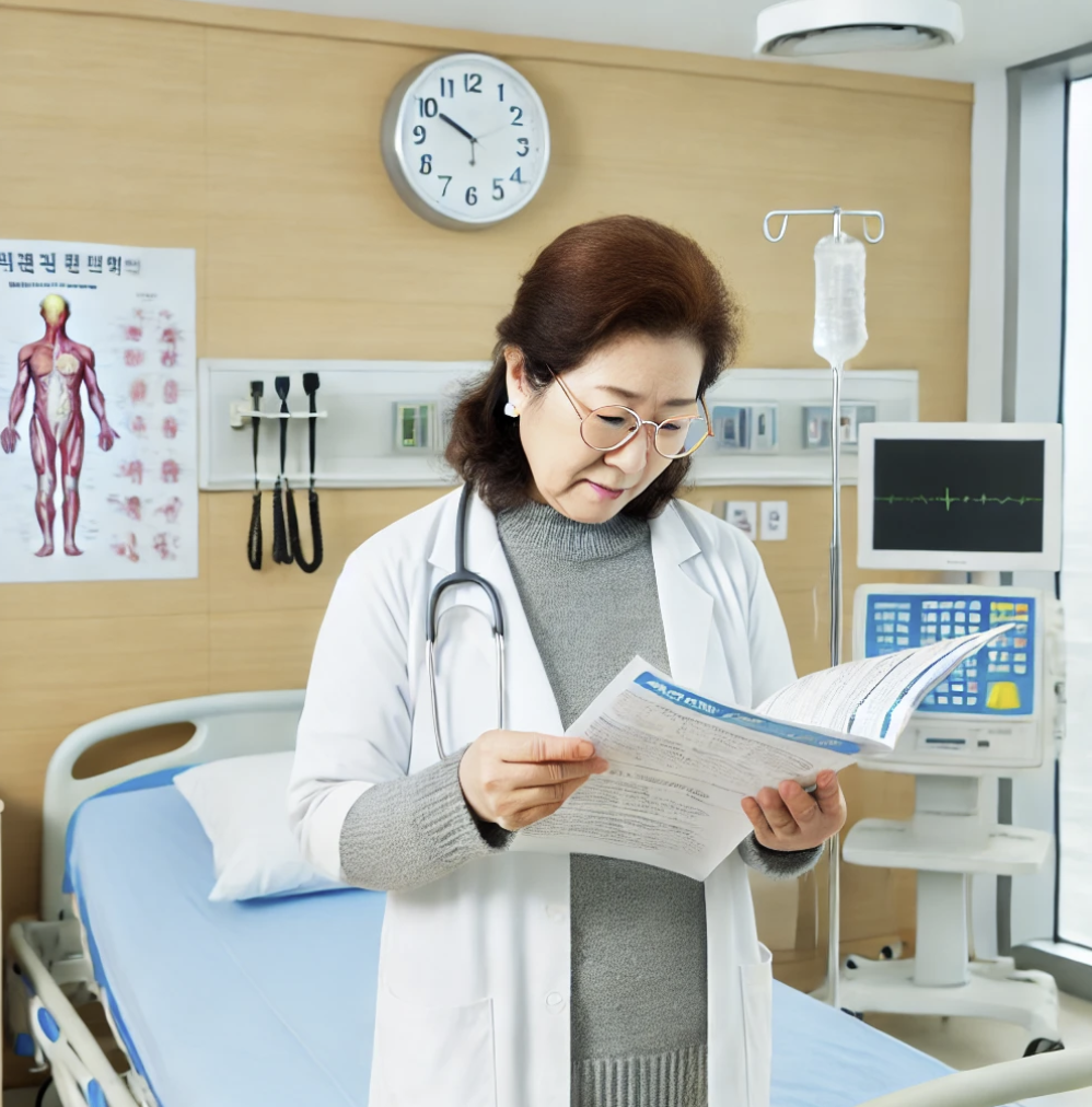 건강보험 혜택 책자를 살펴보는 의사 