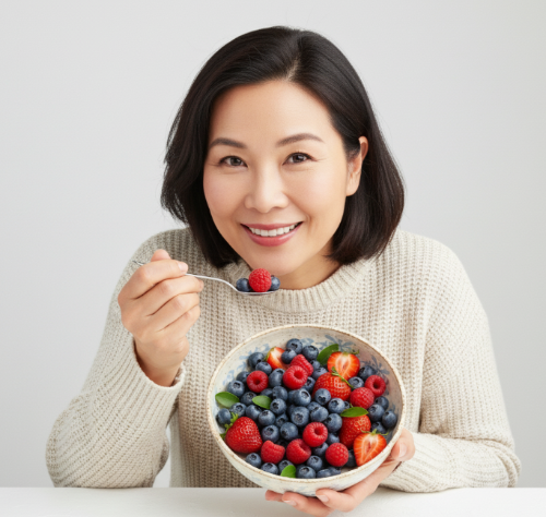 블루베리, 라즈베리, 딸기 등 베리류에는 항산화 물질인 안토시아닌이 풍부한 음식을 먹는 여성