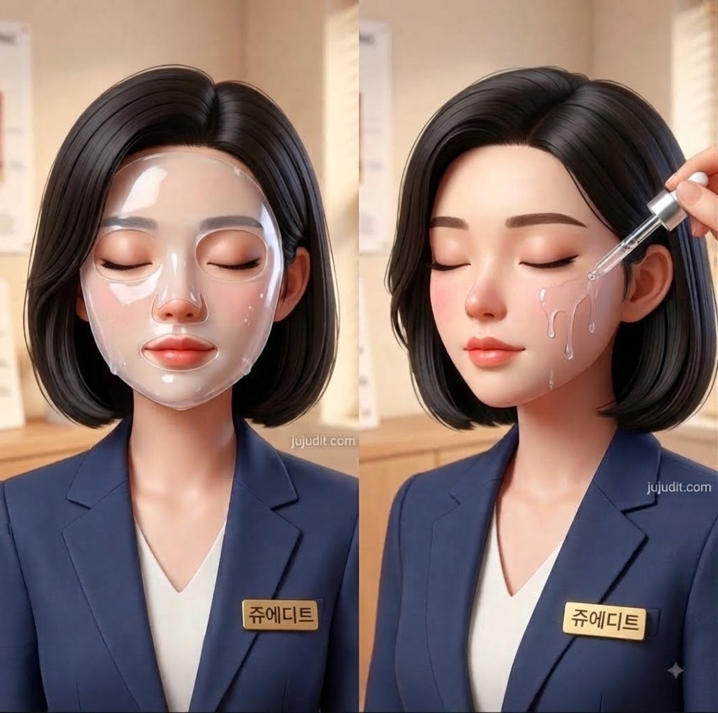 단정한 네이비 자켓과 '쥬에디트' 명찰을 착용한 캐릭터가 리주란 엠보싱 관리와 스킨케어 과정을 보여주는 3D 렌더링 이미지