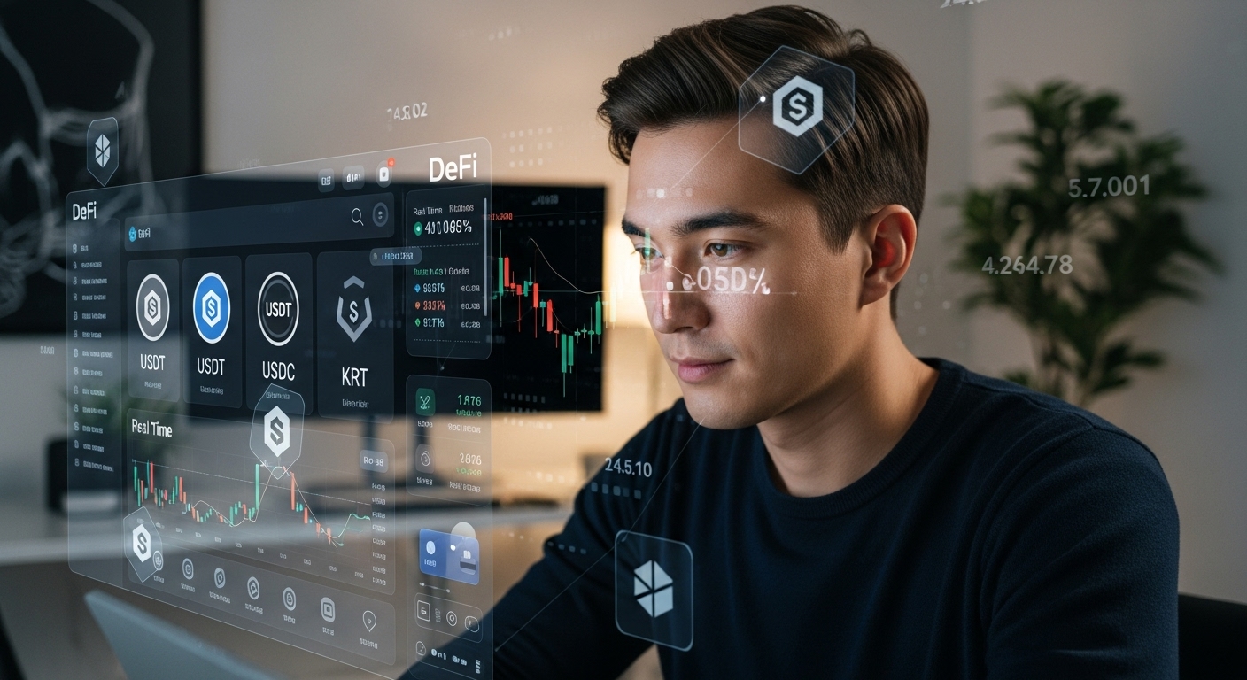 a digital screen showing stablecoins like USDT, USDC, and KRT