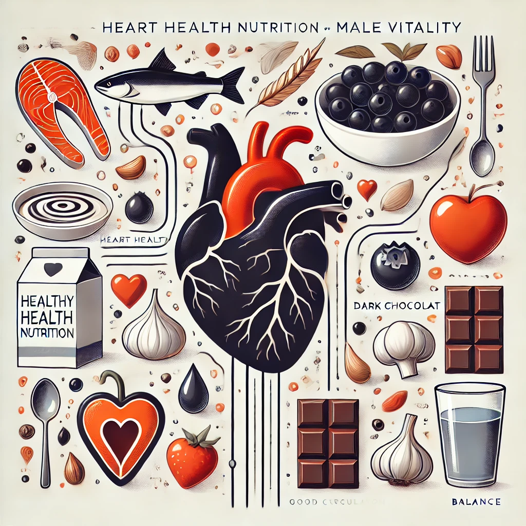 "연어, 블루베리, 마늘, 다크 초콜릿 등 심장 건강과 남성 정력에 좋은 음식으로 구성된 건강한 식단"