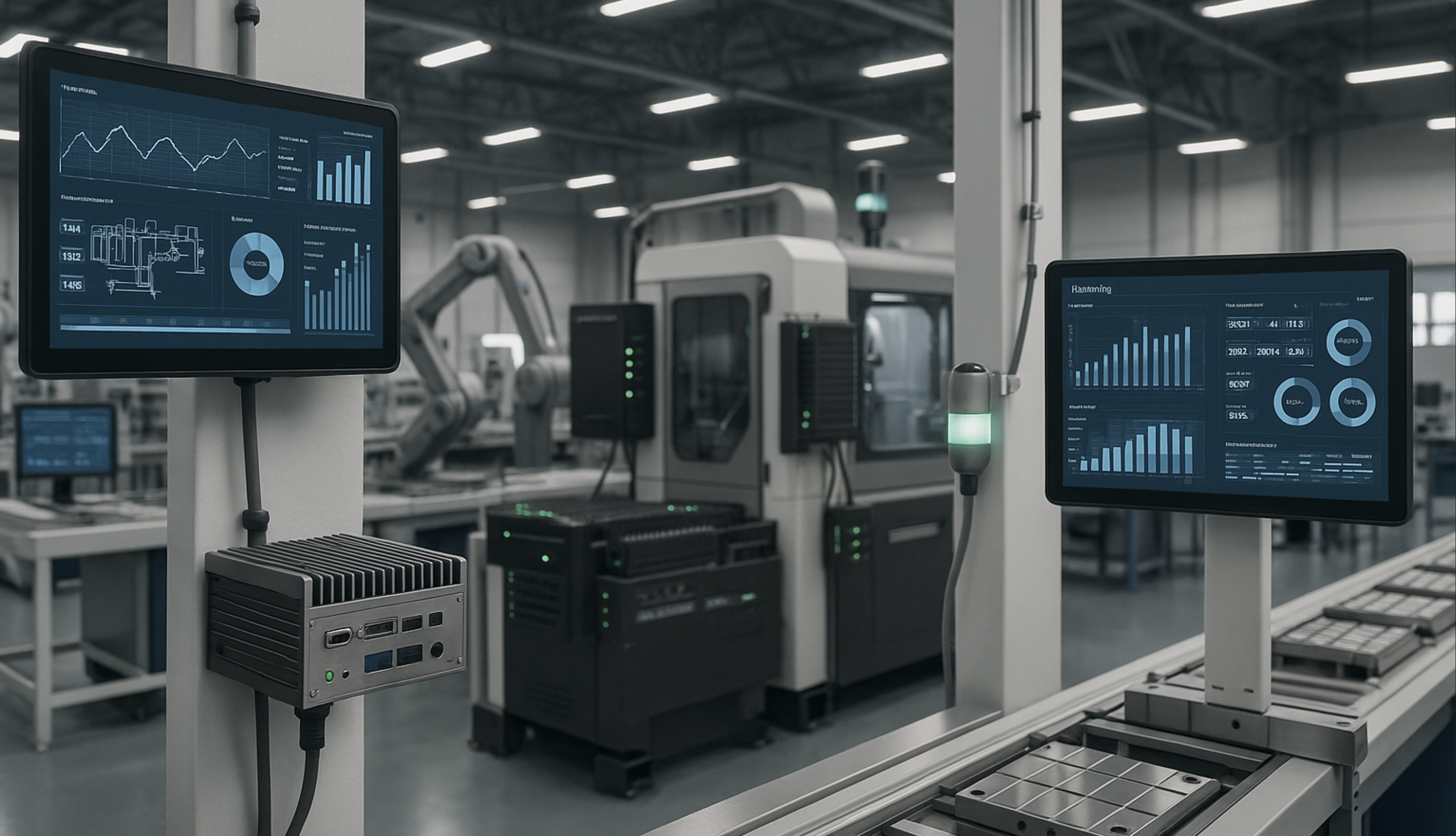 실시간 모니터링 시스템이 구축된 현대적인 제조 현장의 모습으로, 다양한 엣지 AI 디바이스와 센서들이 통합된 스마트 팩토리 환경을 보여줍니다.