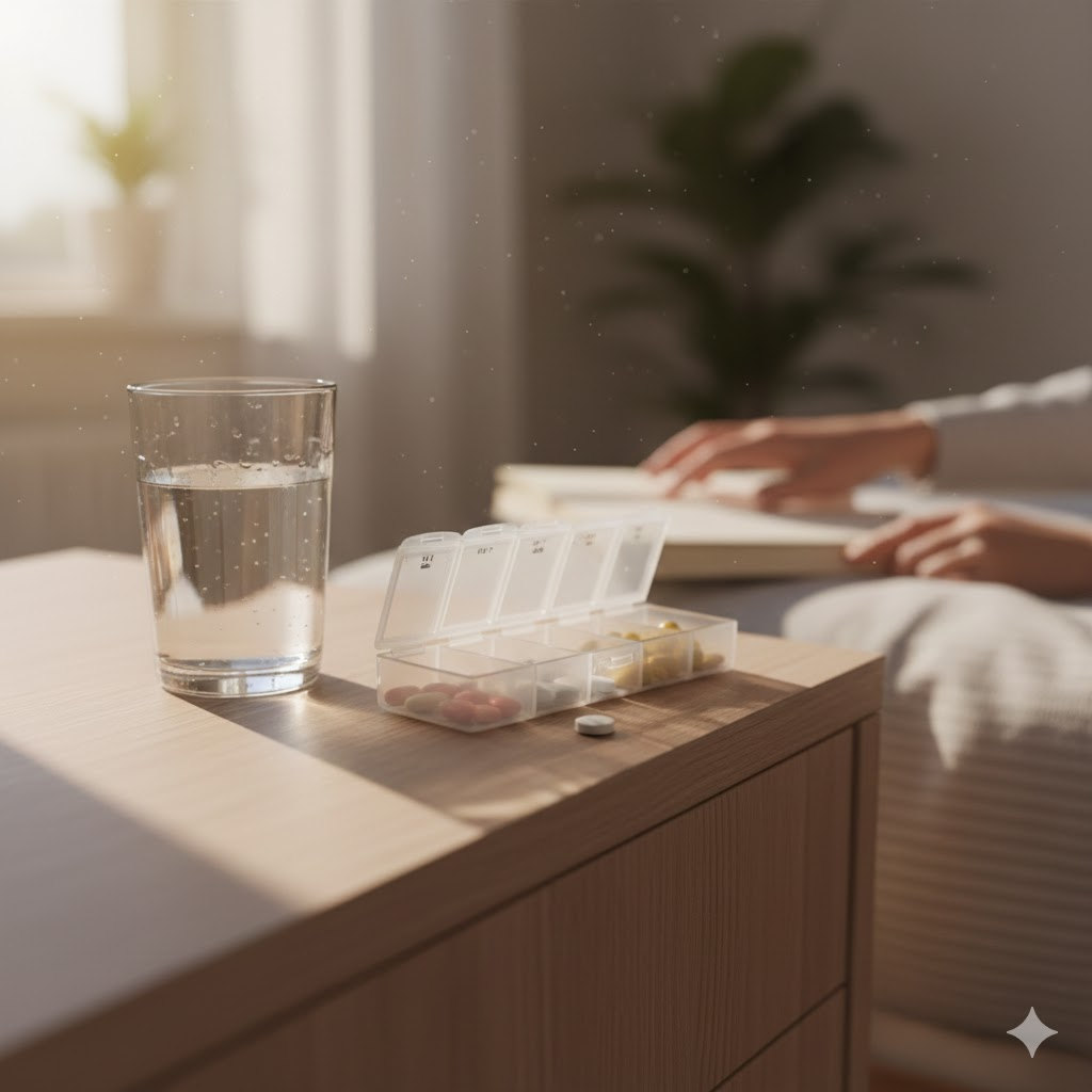깔끔하게 정리된 약통과 물 한 잔, 건강한 하루를 시작하는 모습
