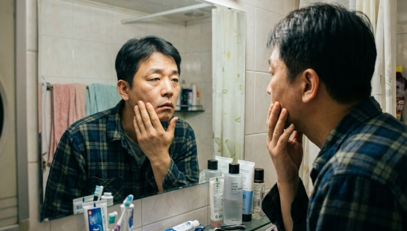 혹시 내가 구안와사 초기 증상인가 거울을 보고 있는 모습
