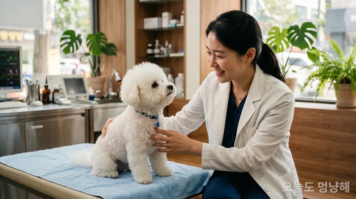 수의사가 작은 강아지를 부드럽게 진찰하는 모습