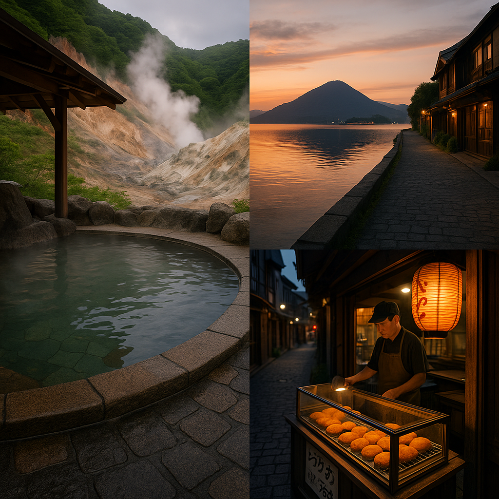 증기 자욱한 노보리베츠 노천온천, 해질 녘 호수에 비친 도야호의 황혼빛, 그리고 골목에서 갓 튀긴 고로케를 파는 포장마차가 어우러진 홋카이도의 다채로운 풍경