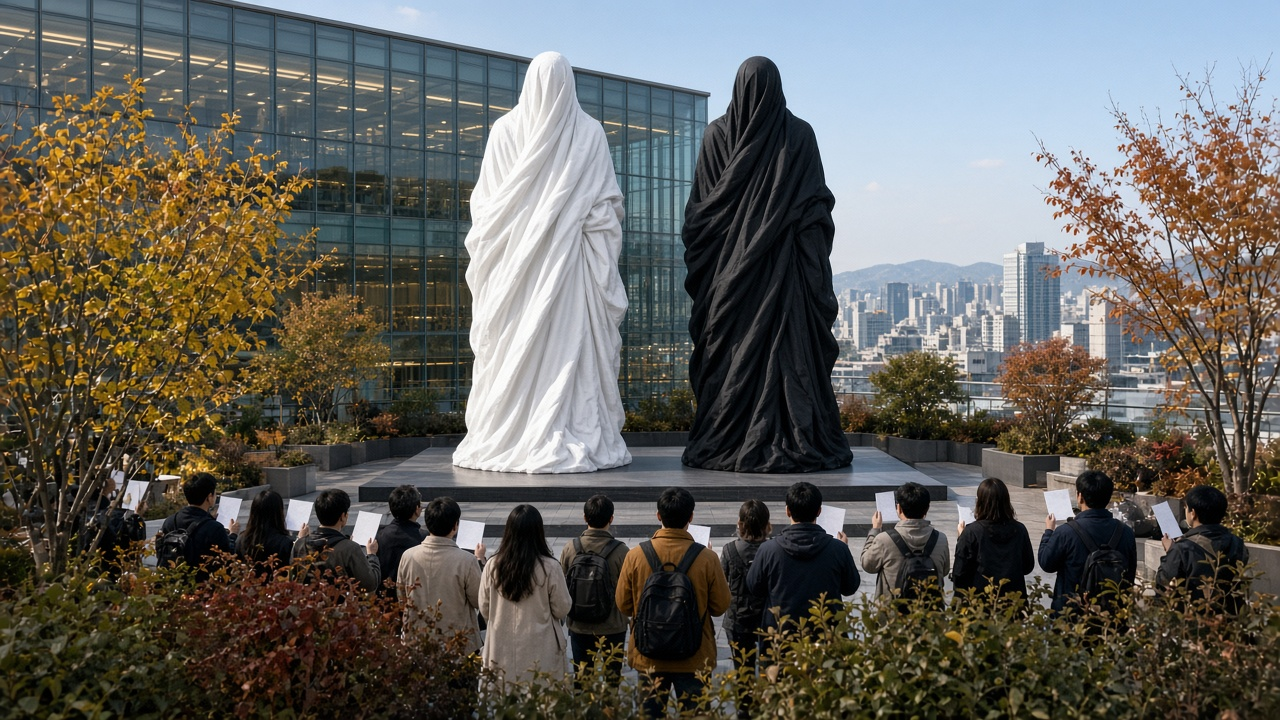 쇼핑몰 옥상 정원에 나란히 선 흰색·검은색 대형 조형물과 스탬프 용지를 든 팬들의 뒷모습 (AI 생성 이미지)