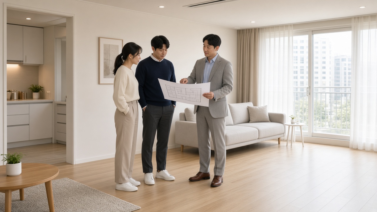 남향 창이 밝은 견본주택 거실에서 평면도를 보며 상담받는 한국인 30대 부부