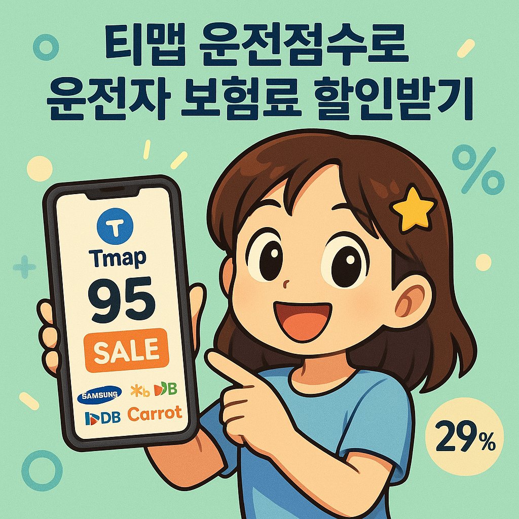 티맵 운전점수로 보험료 할인받기 - 95점, SALE 문구와 함께 다양한 보험사 로고