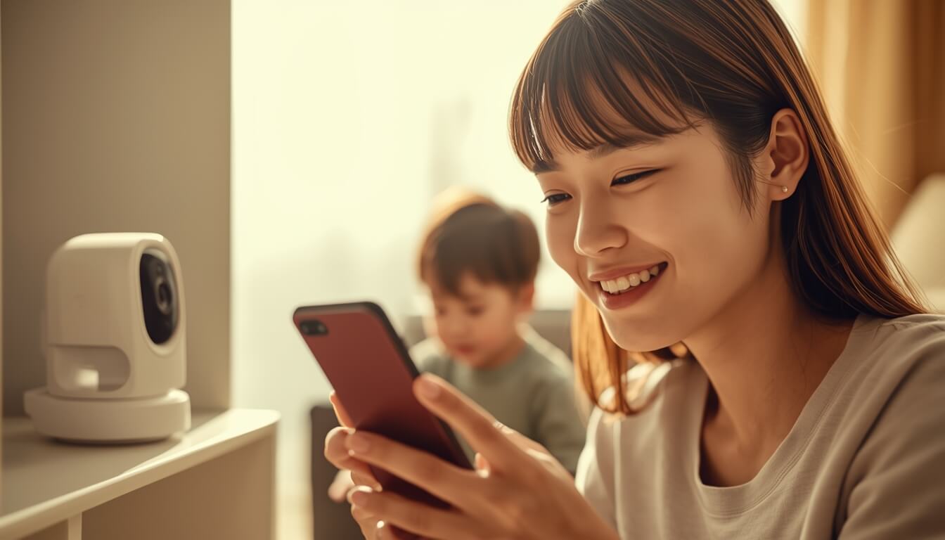 거실에서 아이가 노는 모습을 홈캠과 스마트폰으로 안전하게 확인하는 엄마의 모습