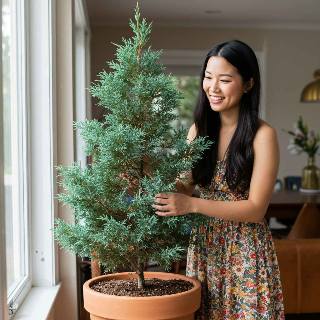 블루아이스 나무를 가꾸며 즐거워 하는 여성