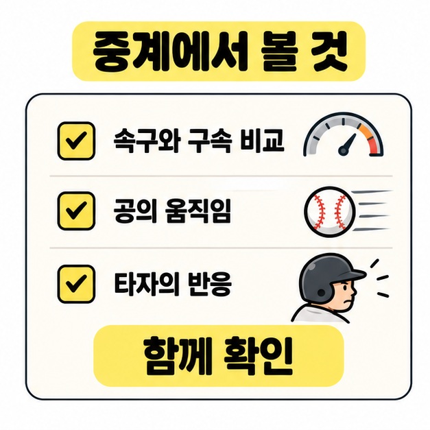 중계에서 속구와 구속 비교, 공의 움직임, 타자의 반응을 함께 확인하도록 체크 표시를 넣은 관찰 목록