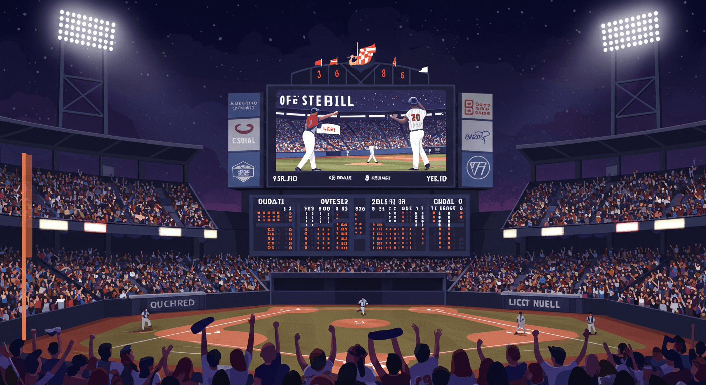 한국인 팬들이 야구장에서 응원하고 전광판에 안내가 표시된 모습, 팬 경험과 정보 전달을 강조 1