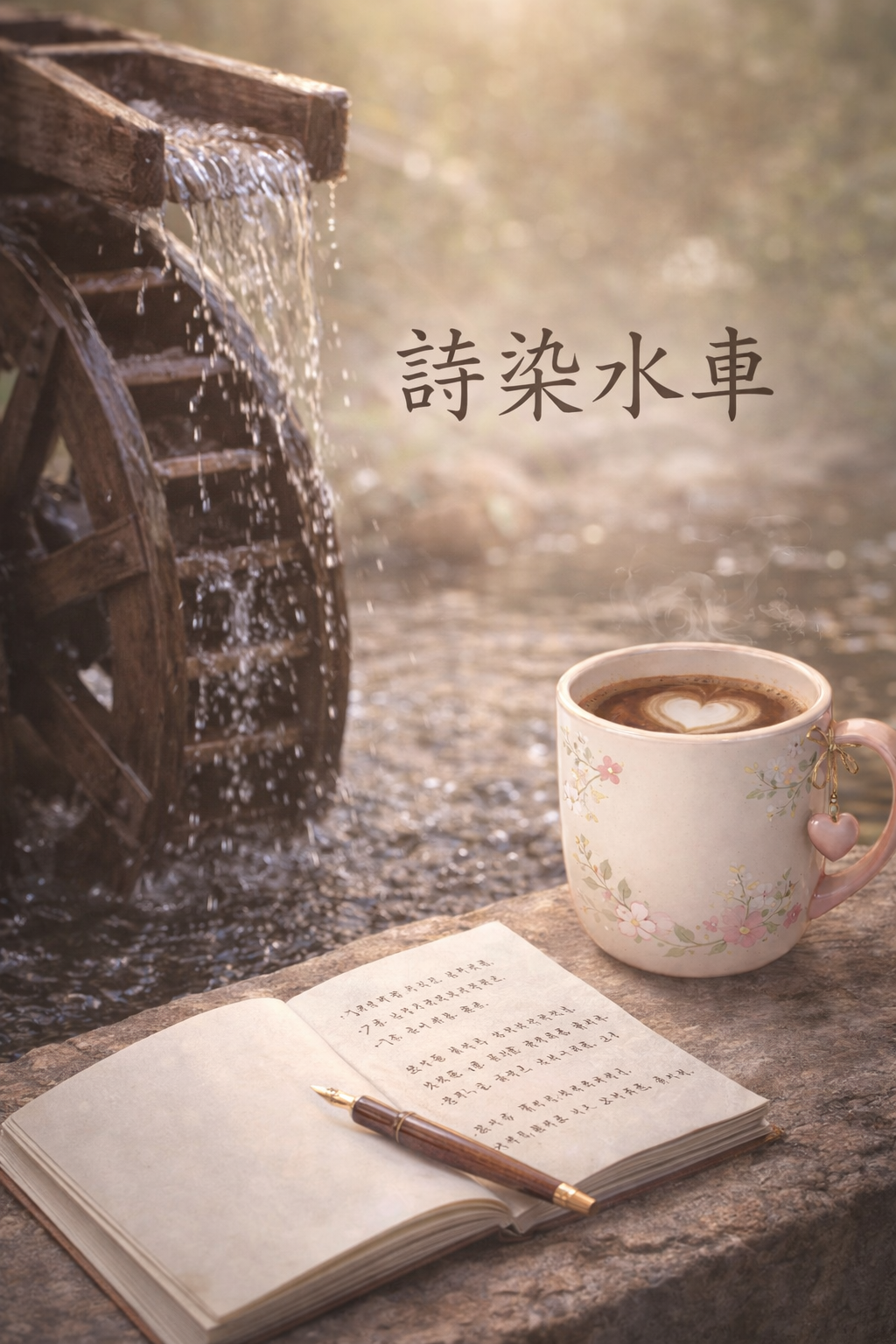 시로 물든 물레방아가 고요한 풍경 속에서 천천히 돌아가는 모습