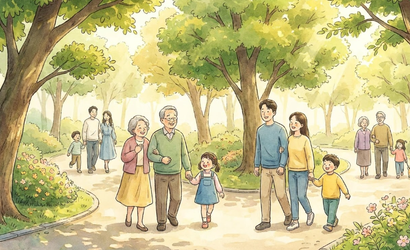 동네 공원에서 밝은 표정으로 산책하며 평안한 일상을 되찾은 사람들의 모습