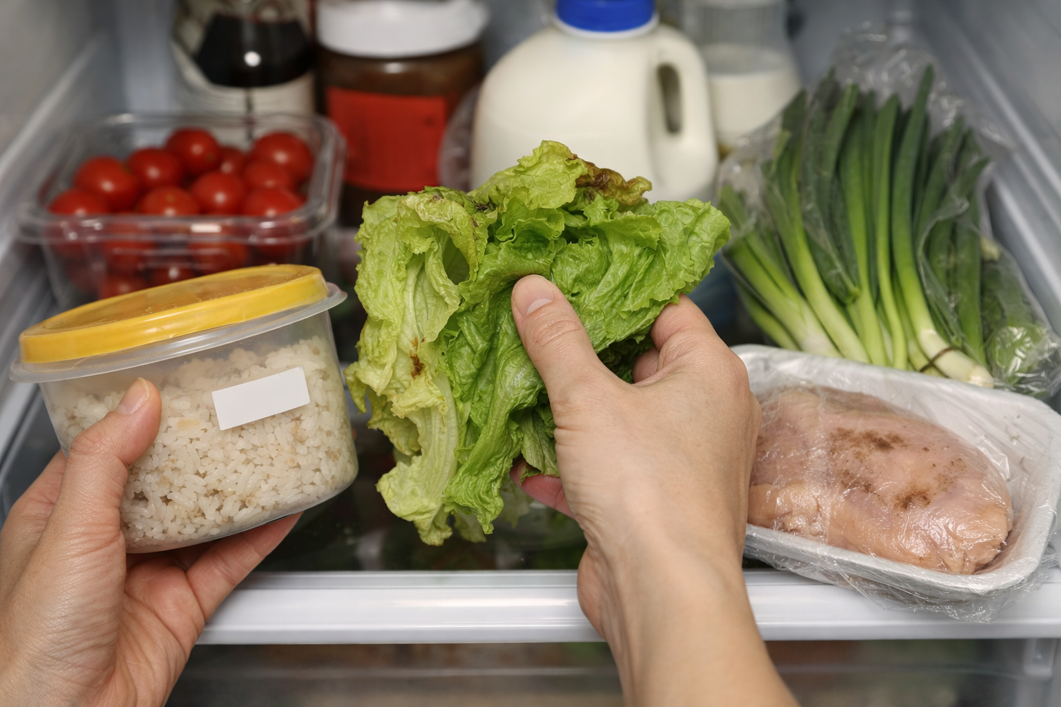 냉장고에서 꺼낸 식재료 상태를 확인하는 모습