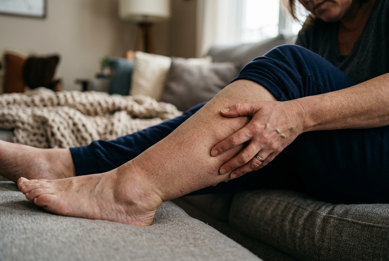 퉁퉁 부어오른 다리를 주무르며 만성 피로에 고통받고 있는 사람의 다리 클로즈업