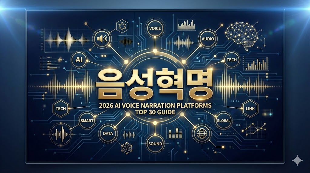 2026년 최신 인공지능 음성 나레이션 플랫폼 상위 30개를 분석한 인포그래픽 디자인으로 기술적 혁신과 데이터 분석을 시각화한 비즈니스 이미지.