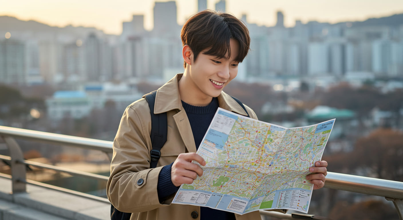 여행 루트를 계획하는 귀여운 한국인 남성