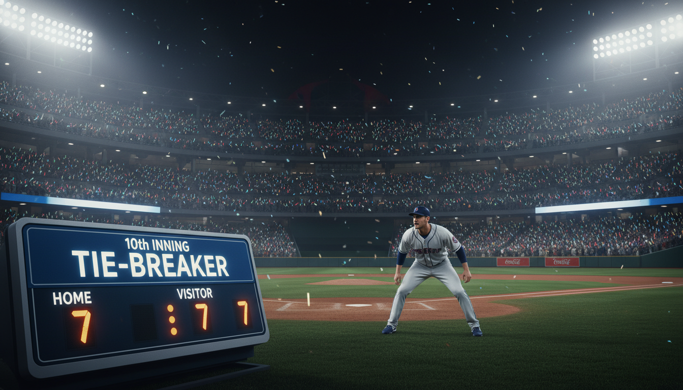 2026 KBO 리그 10회 연장전 승부치기 상황을 보여주는 야구장 전경