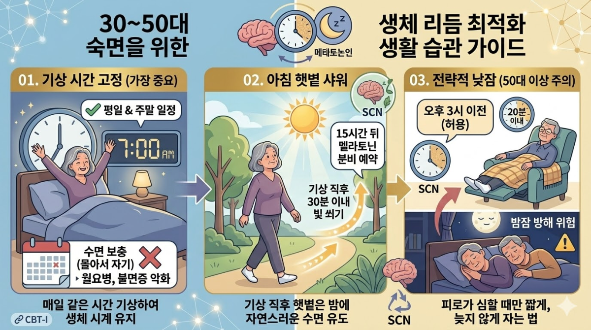 아침 햇살 아래에서 산책하며 생체 리듬을 조절하는 중년 여성의 모습