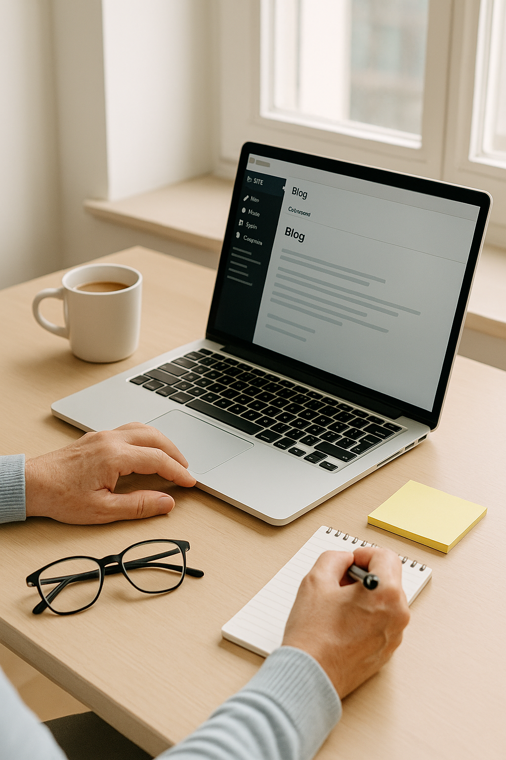 블로그를 운영하며 애드센스 승인을 준비하는 시니어의 손과 노트북, 차 한잔과 메모지가 있는 깔끔한 작업 공간
