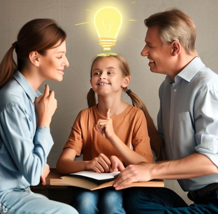 한 아이가 기발한 생각을 해내는 모습에 칭찬하는 부모님(made by Bing)