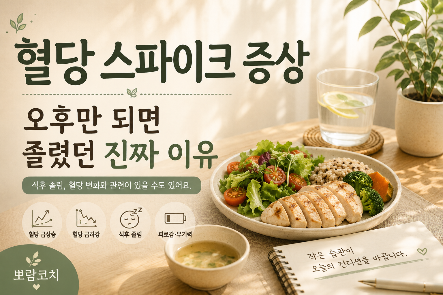 채소와 단백질, 건강한 한 끼 식사가 차려진 원목 식탁 위에 햇살이 비치는 건강한 식사 이미지
